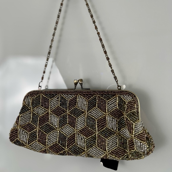 NWT MONI Couture Beaded Olive Green Amber Brown Formal Clutch With Bronze Accent - Picture 3 of 15
